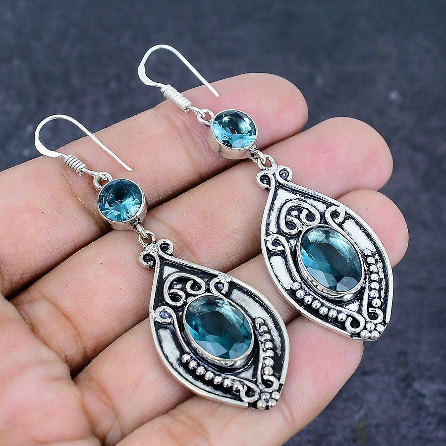 Natürlicher Iolith Quarz Edelstein Handgefertigt 925 Sterling Silber Ohrring 2.76" D2i69