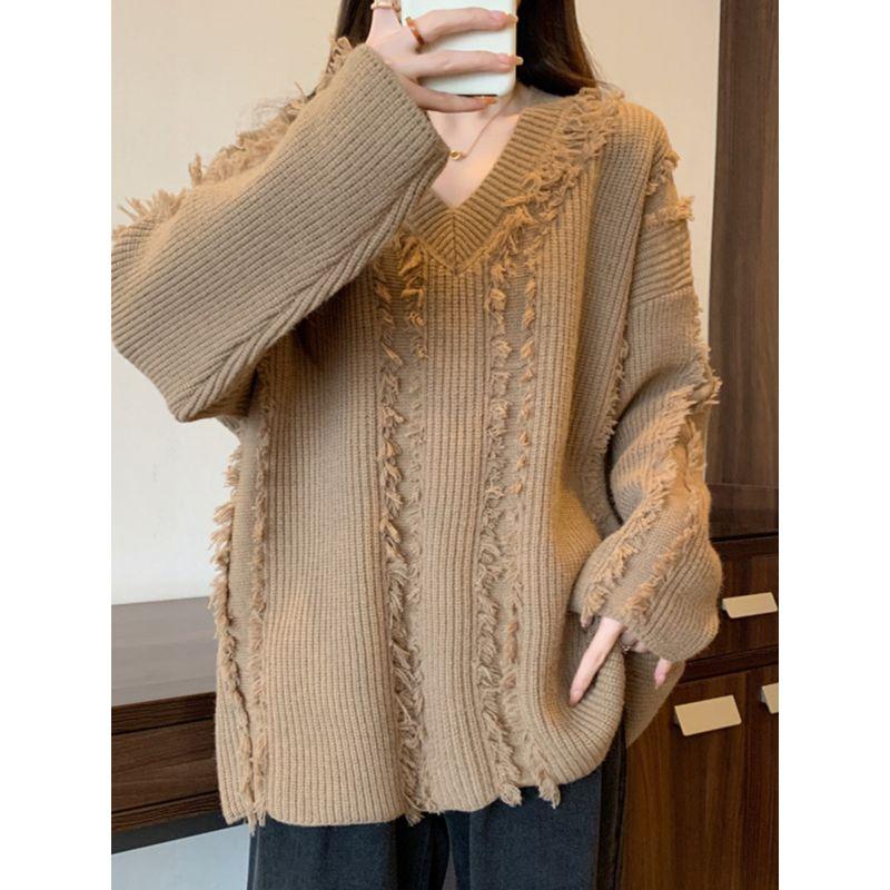 Fashion Plus Size Chubby Girl Autumn and Winter Lazy Style V Neck Pure Color Slimming Slim Fit Loose Casual Long Sleeves Knitwear Sweater