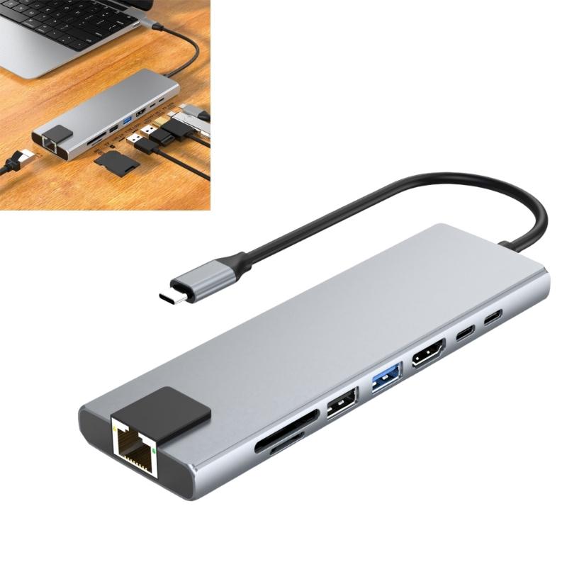 8 in 1 USB C Docking Station Multiport Adapter Multiple Port HDTV USB3.0 USB2.0 PD100W Ri45 Dock Station for Laptop