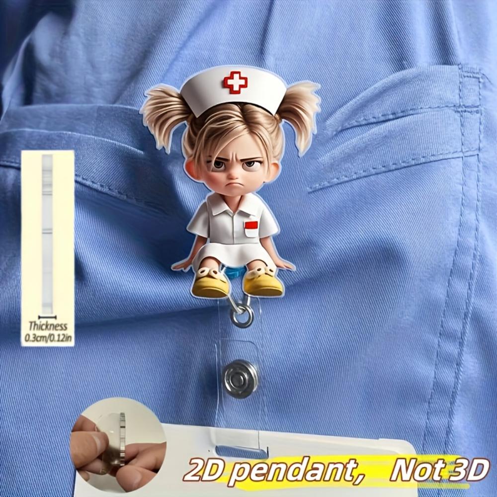2D Flat Acrylic Cartoon Nurse & Doctor Card Holder, Retractable Badge Reel, Hospital ID Badge & Chest Pin for Doctors & Nurses