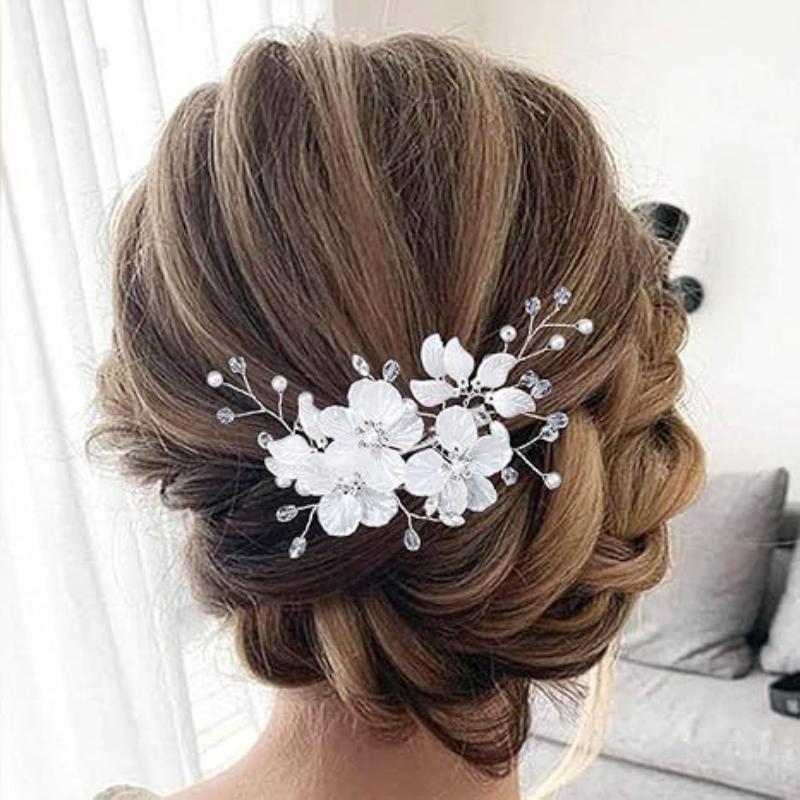 1Pcs Handmade White Brides Headdress New Crystal Pearl Flower Bridal Headwear Elegant Luxury Wedding Hairpin For Women