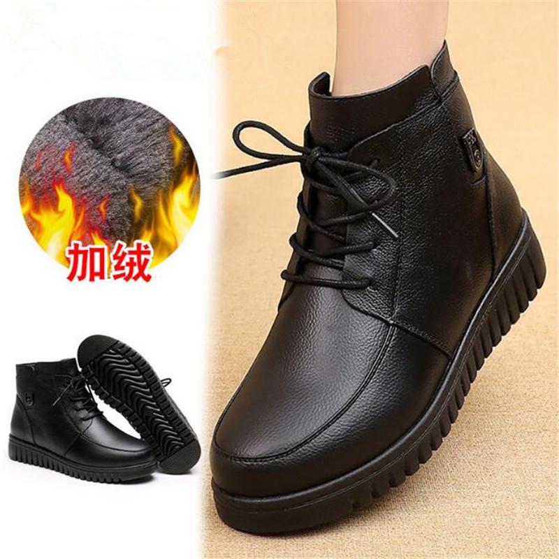 2025 New Genuine Leather Thick Plush Winter Woman Boots Non-slip Waterproof Women Snow Boots Mother Warm Cotton Padded Shoes