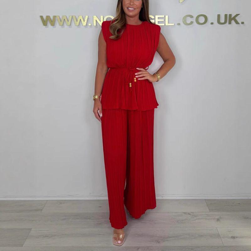 

Wrinkled Tube Pants Set Fashion Women round Neck Pure Color Sleeveless Ruched Straight-Leg Pants Two-piece Set Outfit Red XXL