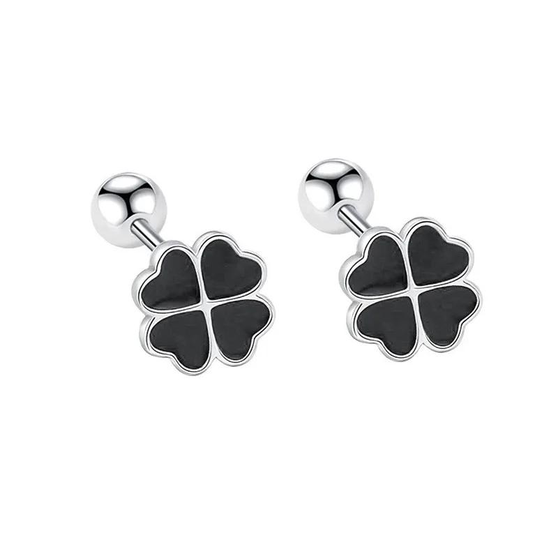 

925 Silver Cute Black Heart Clover Plant Enamel Turnbuckle Stud Earrings for Fashion Women Fine Jewelry Minimalist Accessories