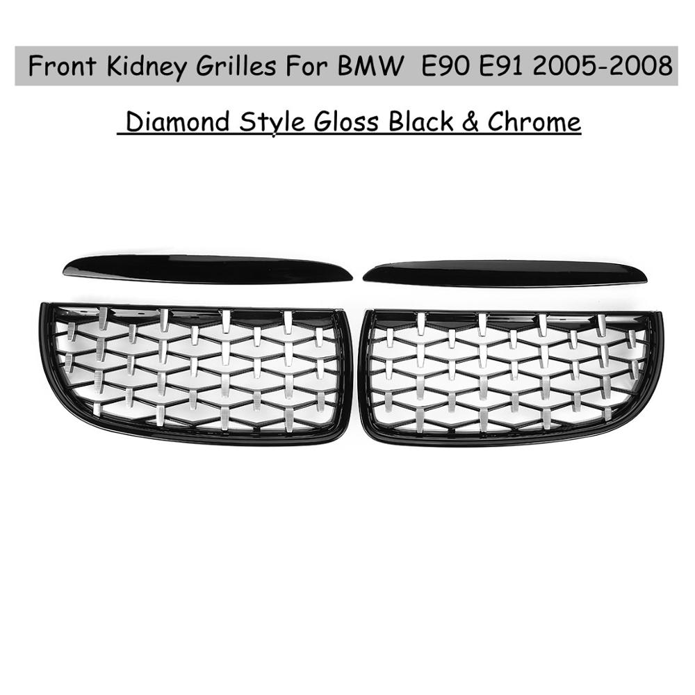 For BMW E90 E91 4 Door 2005 2006 2007 2008 #GCP-039011 Pair Front Gloss Black Double Slat Sport Kidney Grille Grill Set