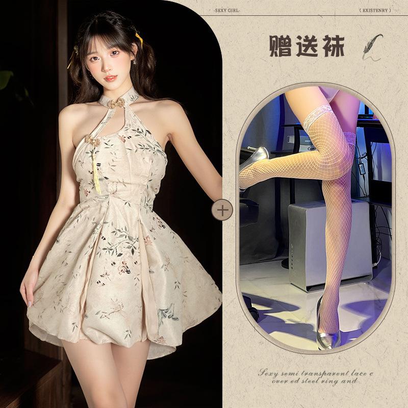 Sexy Underwear, National Color and Natural Fragrance, High Slits and Buttocks, New Chinese-style Printed Disc-buckled Cheongsam, Sexy Uniform