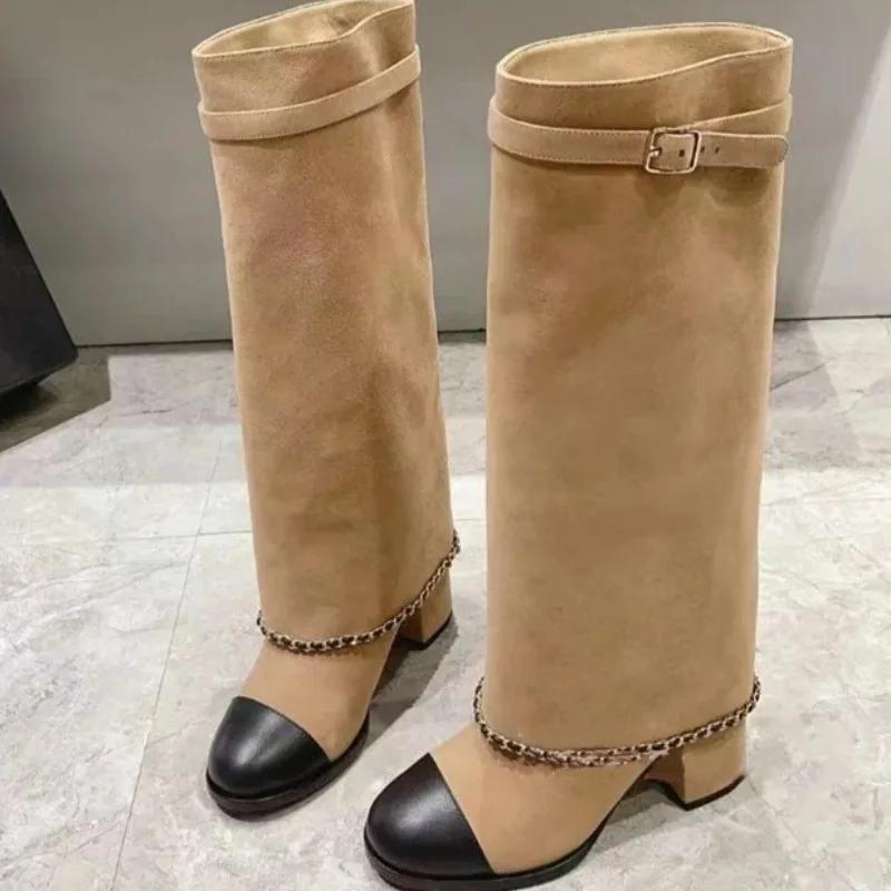 Fashion Brand New Round Toe Thick Heel Chain Belt Buckle Skirt Boots Women's Autumn Winter Fashion Runway Mixed Color Long Shoes Size 43