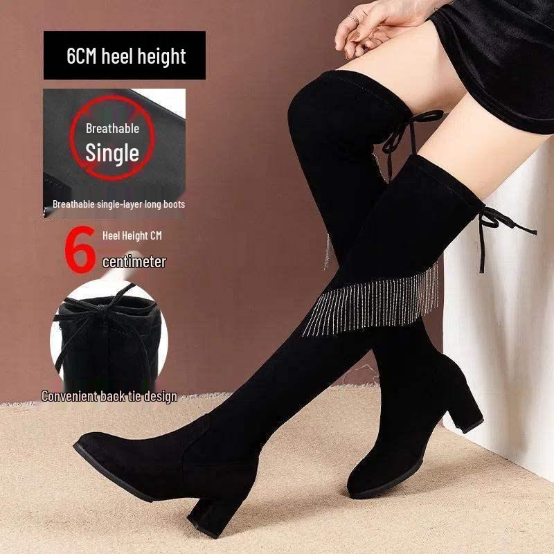 Damen Strass Quaste Wildleder Overknee Stiefel - Herbst 2025 Slim Fit Blockabsatz Hoher Schaft Stiefel