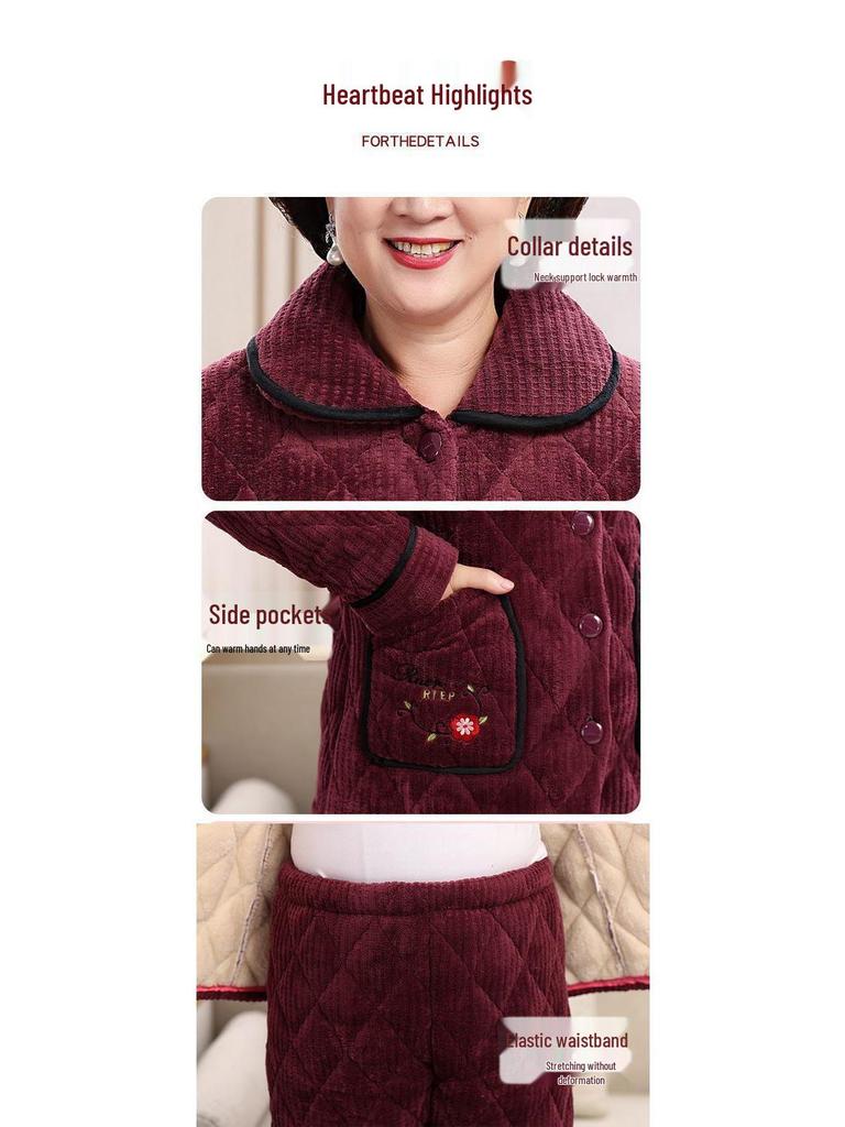Women's Super Thick Three-Layer Velvet Pajamas - Winter Coral Fleece Quilted Homewear for Adults
