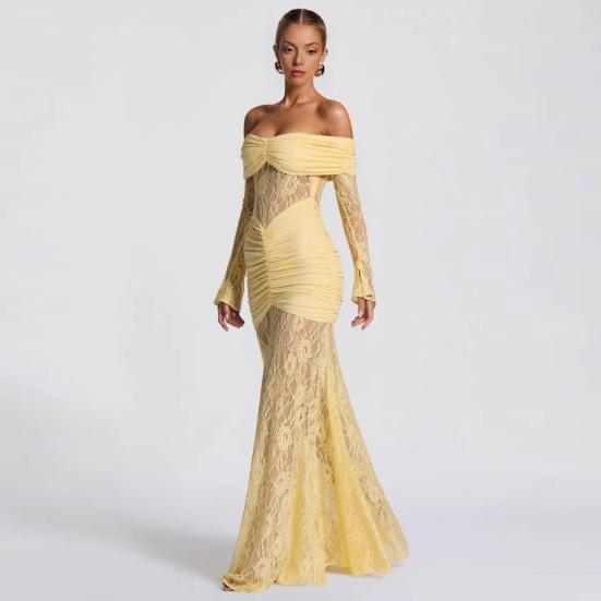 Dámské maxi šaty s odhalenými rameny a dlouhým rukávem, květinová krajka, průsvitná síťovina, řasené bodycon šaty, sexy formální večerní párty, svatební host