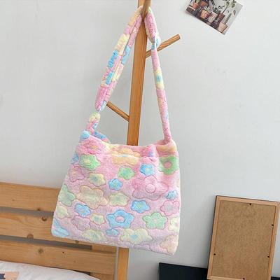 Fashion Flowers Shoulder Crossbody Bags For Women Soft Plush Shopper Totes Female Large Capacity Handbag Warm Fluffy Bucket Bags MIT