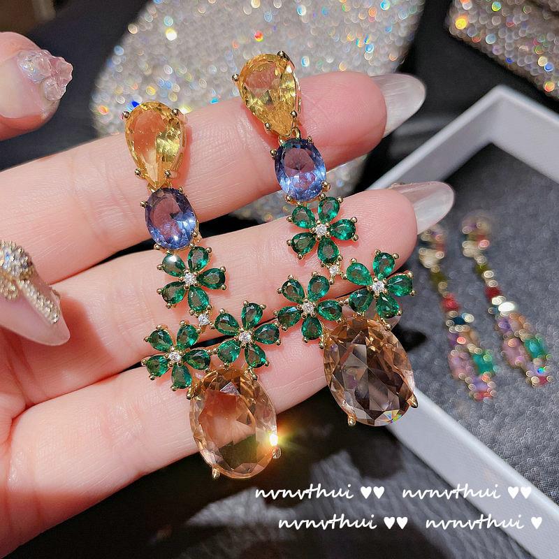 Oil Painted Peacock Emerald Flower Pendant, 18K Gold Plated Multi-Faceted Tetris Zircon Tassel Earrings