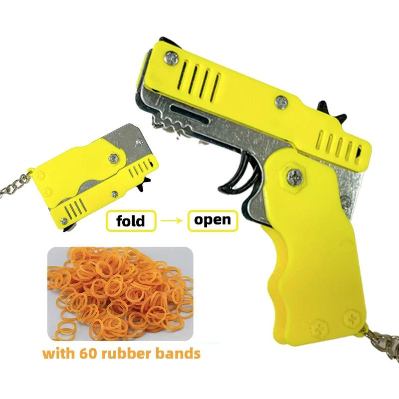 Metal Toy Gun Mini Burst Folding Rubber Band Gun Alloy Model Gun Pendant Outdoor Sports Toy Pistol Keychain for Boys Kids