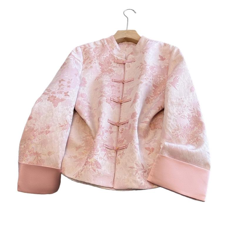 Silk Age-Reducing Frog Button Jacquard Top for Middle-Aged Women - Plus Size, Chinese Style, Spring/Autumn Outerwear