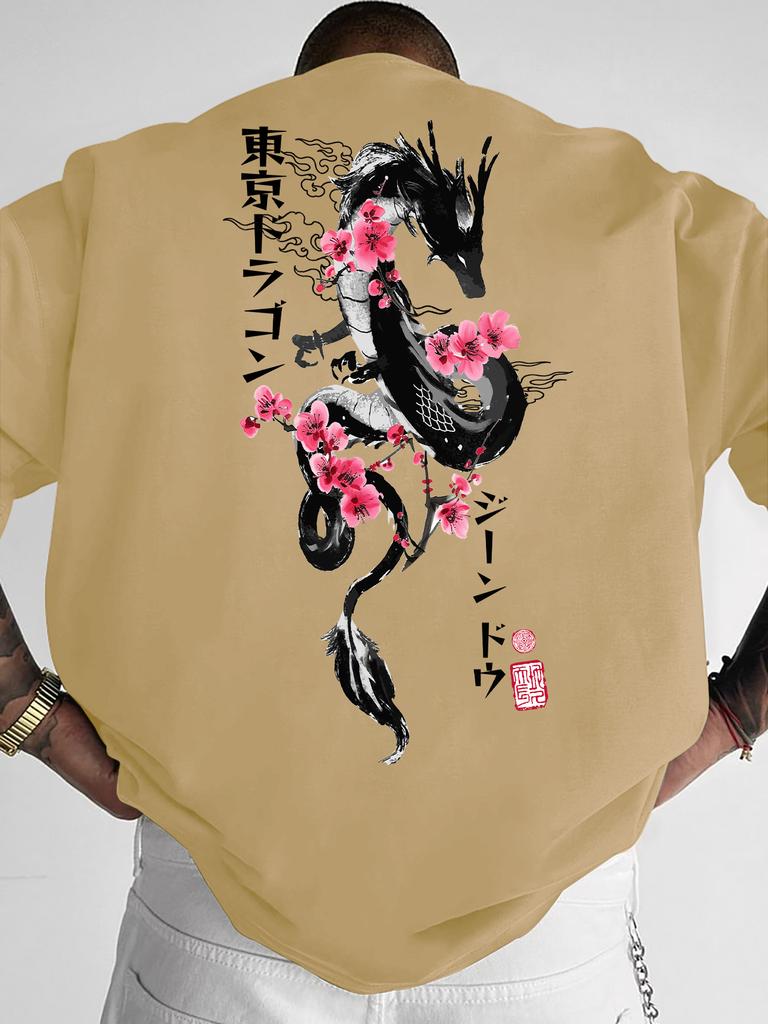 Unisexs Koszulka Streetwear Tokyo Smok Sakura Graficzny Nadruk Dekolt Okrągły Krótki Rękaw Poliestrowe Top Z Tekstem Kanji Sxxl