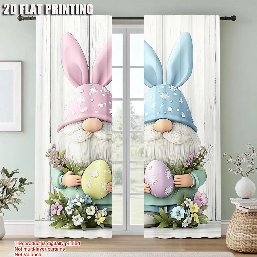 2 Stück Oster-Ei Wichtel Kaninchen Bedruckter Fenstervorhang Für Schlafzimmer Büro Küche Wohnzimmer Und Arbeitszimmer Stangendurchzug Fenster