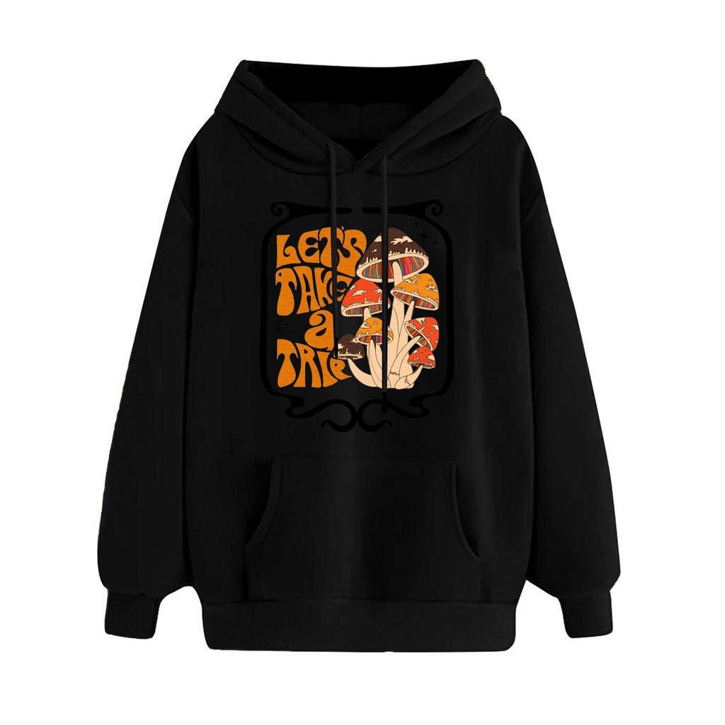 Women's Fashion Casual  Print Hooded Sweatshirt Loose Sports Tops Pullover