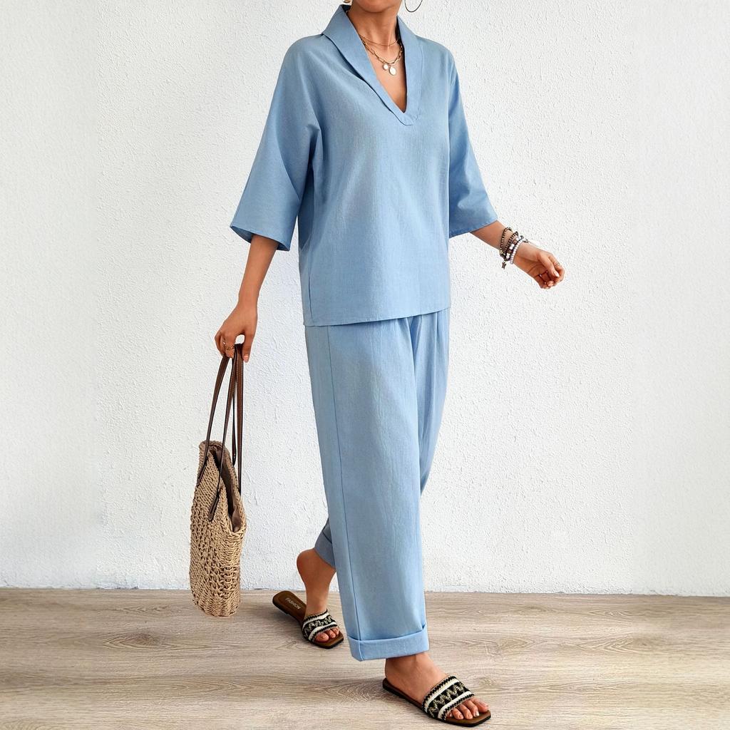 2026 cross-border spring and summer explosion European and American style V-neck short-sleeved suit fashionable casual wide-leg pants suit