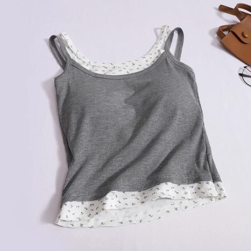

Women Sweet Patchwork Floral Printing Tank Tops With Bra Pad Sexy Off Shoulder Spaghetti Strapy Top Summer Worn Outside Camisole One Size сірий
