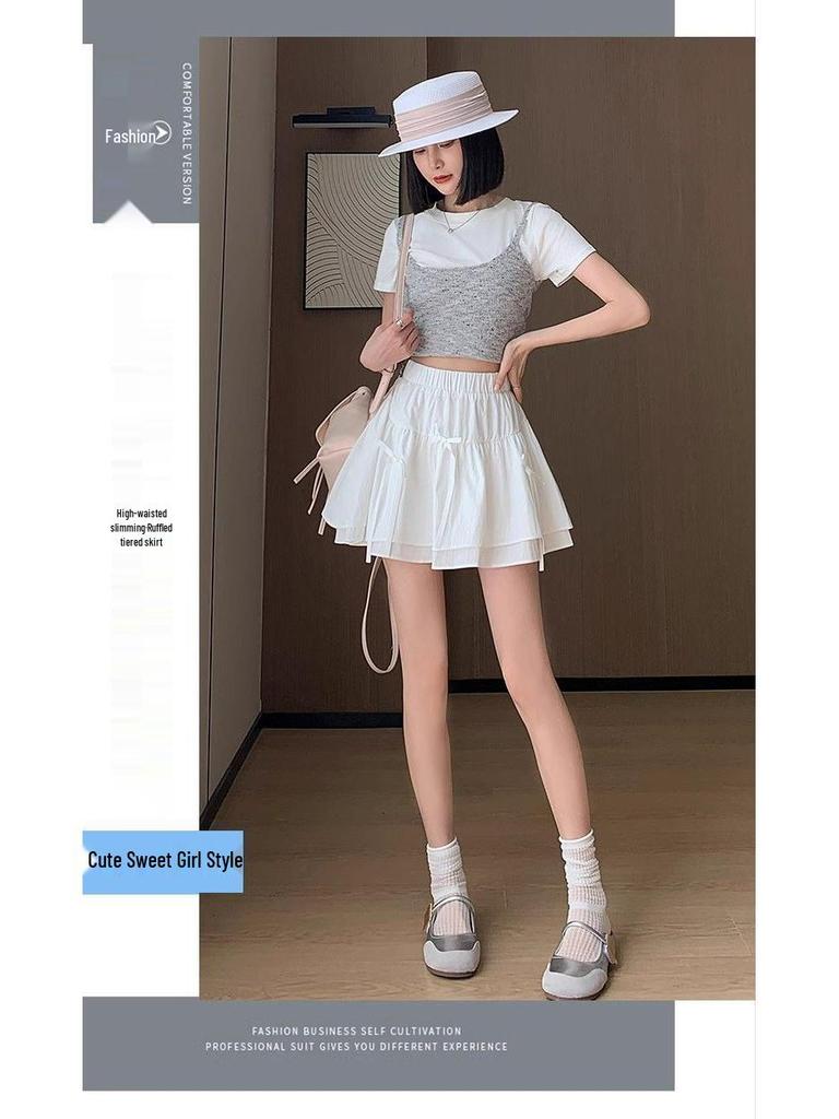 Letní nadýchaná sukně s vysokým pasem a mašlí se všitými bezpečnostními šortkami - Dámský design proti odhalení