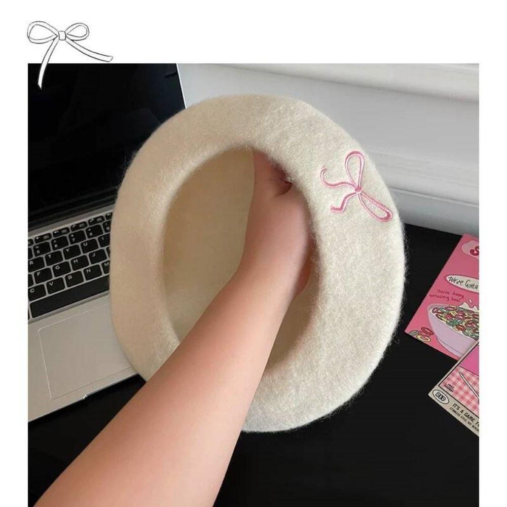 Bowknot Embroidery Literary Painter Hat Wool Blend Women Beanies Cap Sweet Women Beret