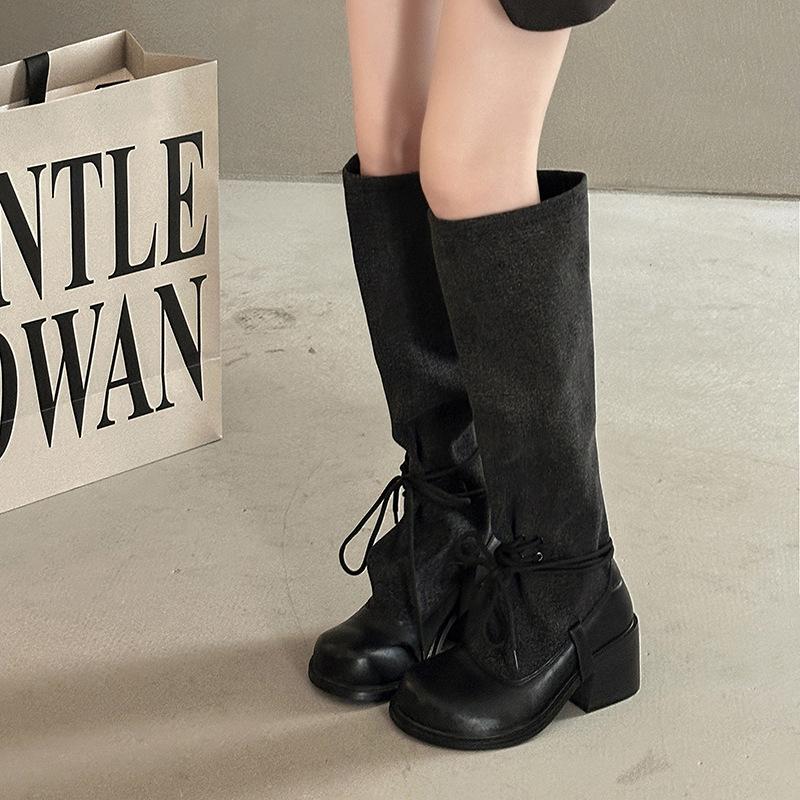 Fashion temperament High sense straps Skinny boots Women's 2025 Autumn and winter stitching thick heel high heel boots Knight boots