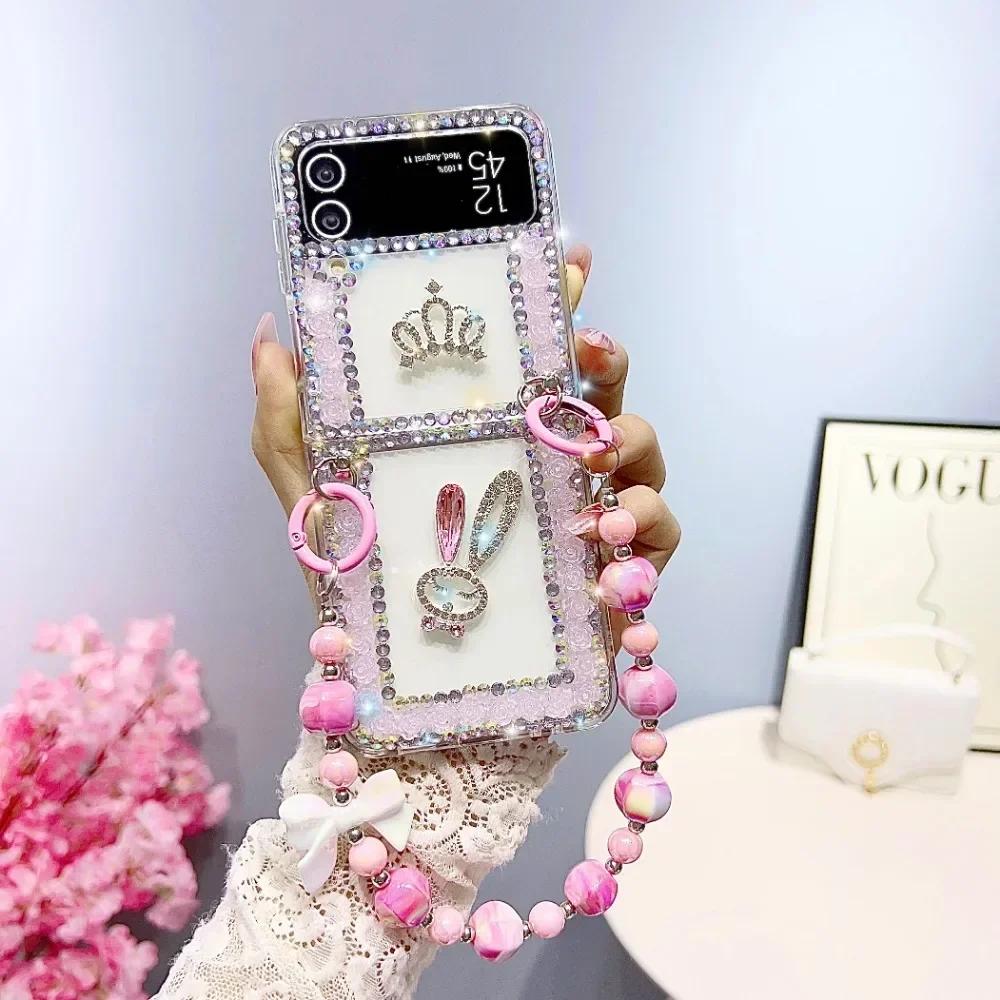 Brățară portabilă cu mărgele laser și husă de telefon cu fundiță cu diamante pentru Samsung Z Flip 5 4 3, husă transparentă de lux cu strasuri colorate