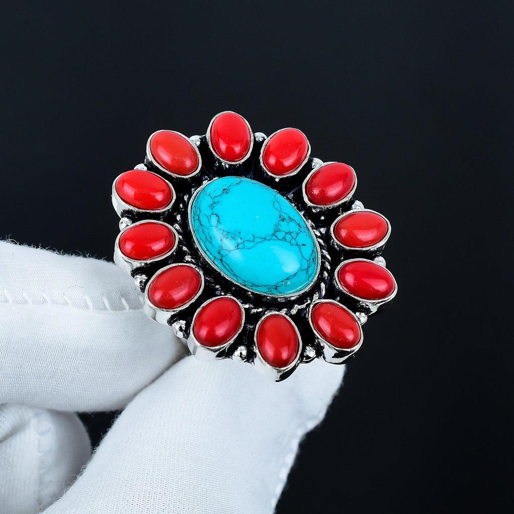 Turquoise, Red Coral Gemstone Ring, 925 Sterling Silver Ring, Gift For Her, Oval Stone ,Elegant Handmade Ring, Turquoise Flower Silver Ring Gift