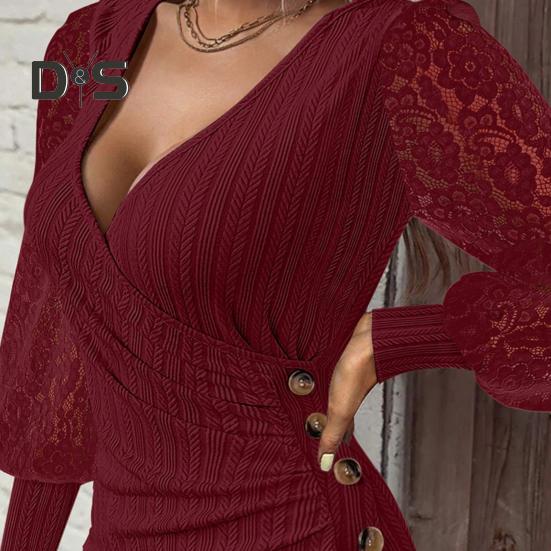 Women Dress Hollow Out Lace Sleeves Sheath Slim Fit Irregular Deep V Neck Hem Solid Color OL Style Formal Party Banquet Mini Dress Fall Spring Short