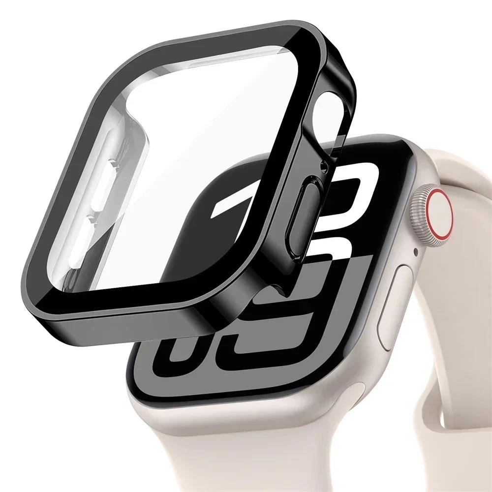 Glass+Case For Apple Watch 42mm 46mm 45mm 41mm 44mm 40mm Straight Edge Screen Protector Cover Case iWatch SE 3 6 7 8 9 10 11 7