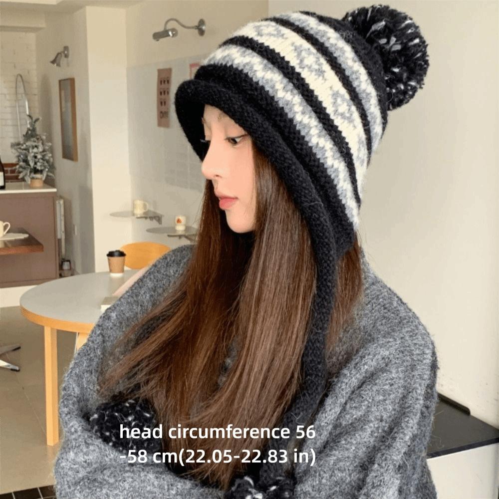 With Pom Pom Knit Earflap Hat Cold Proof Outdoor Fall Winter Hat Warm Knit Beanie Women