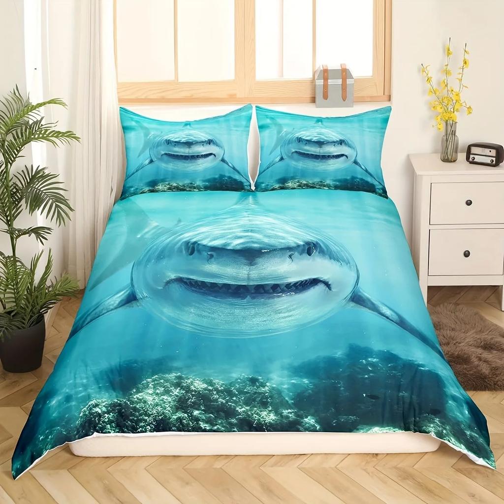 Ensemble de literie 3 pièces Requin 3D Vibrant - Housse de couette douce, inspirée de l'océan avec imprimé poisson requin, respirante, hypoallergénique, sans garnissage