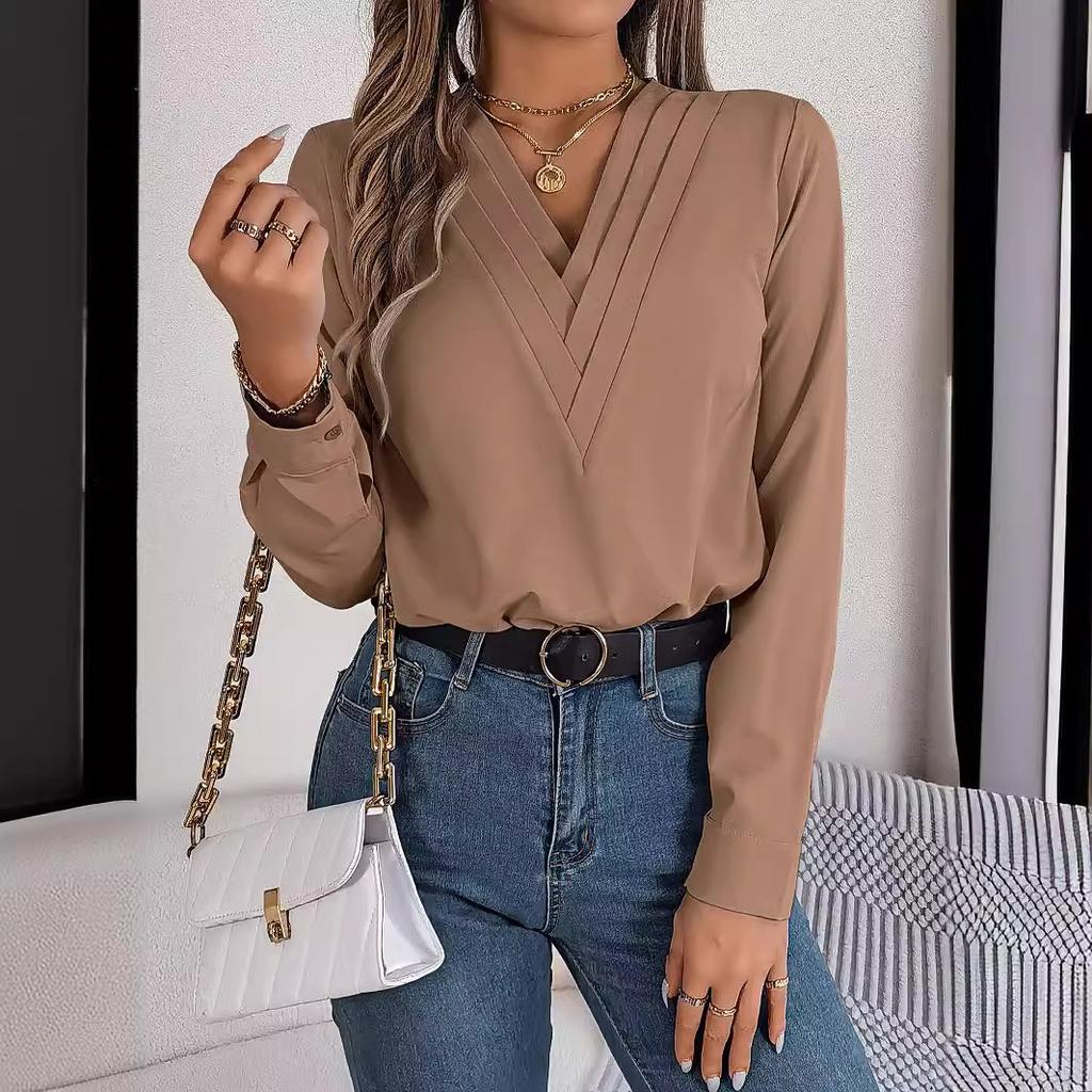 Spring Summer Solid Color Triple Women  V Neck Long Sleeve Chiffon Shirt Red White Khaki Women Tops Casual