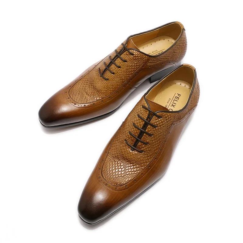 Fashion Men's Genuine Leather Pointed Toe Dress Shoes Lace-Up Formal Business Oxford In Black/Brown Luxury Elegant Footwear