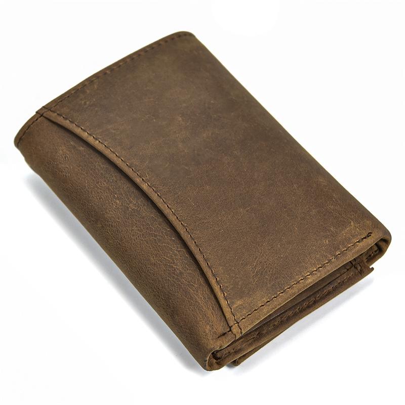 Vintage Genuine Leather Men Wallet Crazy Horse Leather Male Cowhide Trifold Card Holder Wallet with Metal Chain
