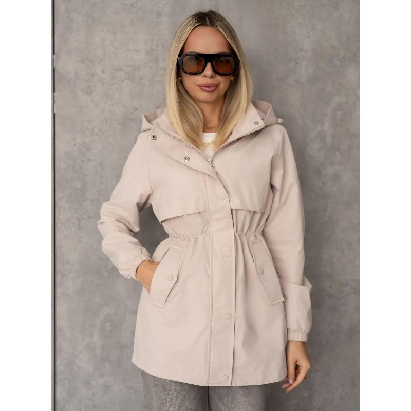 Chaqueta con capucha para mujer Cintura con cordón Botones a presión Cremallera Manga larga Bolsillos Cortavientos Longitud media Gabardina