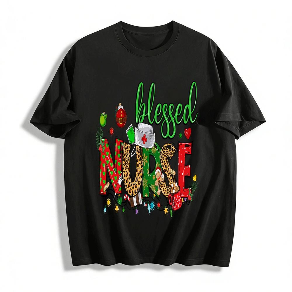 Christmas Blessed Nurse Print Top Festive Medical Staff Casual Tee Pure cotton T-shirt XXS