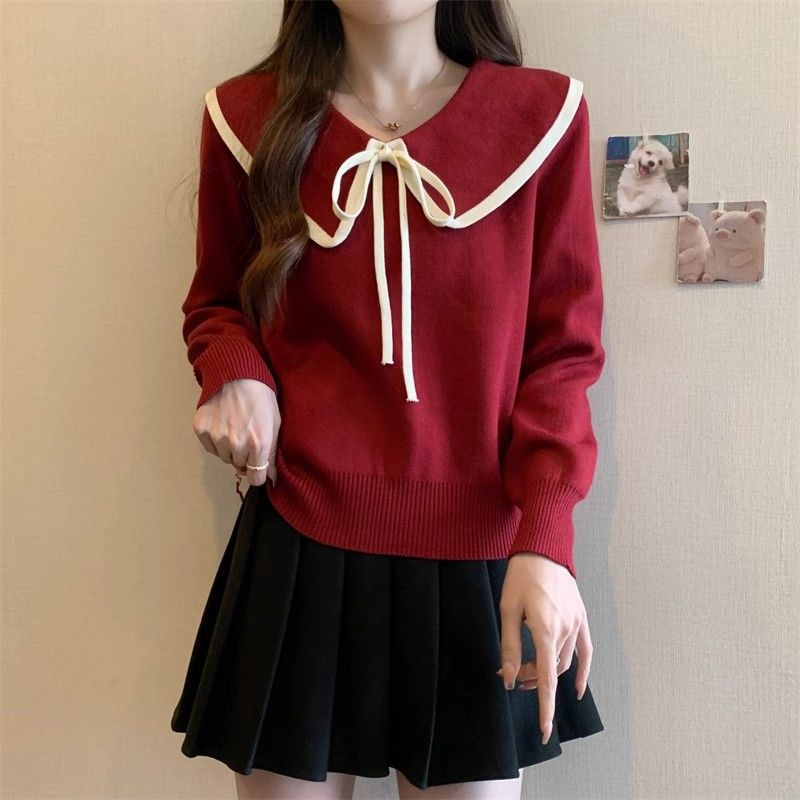 Loose top women's large size new foreign style college style age-reducing sweater doll collar versatile