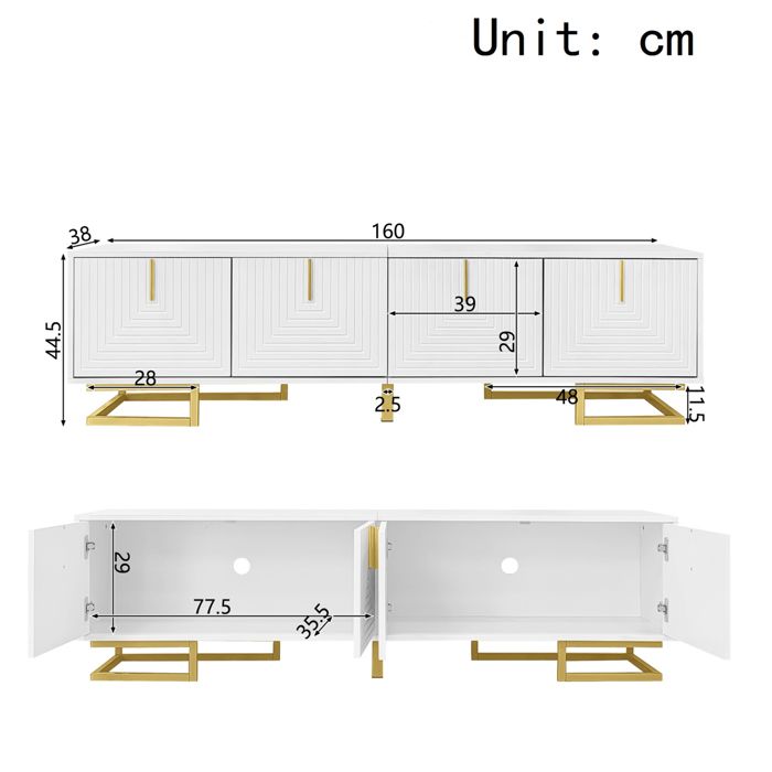 TV Cabinet, White, with 4 Textured Doors, Gold Handles and Legs, Living Room Furniture, 160 X 38 X 44 Cm