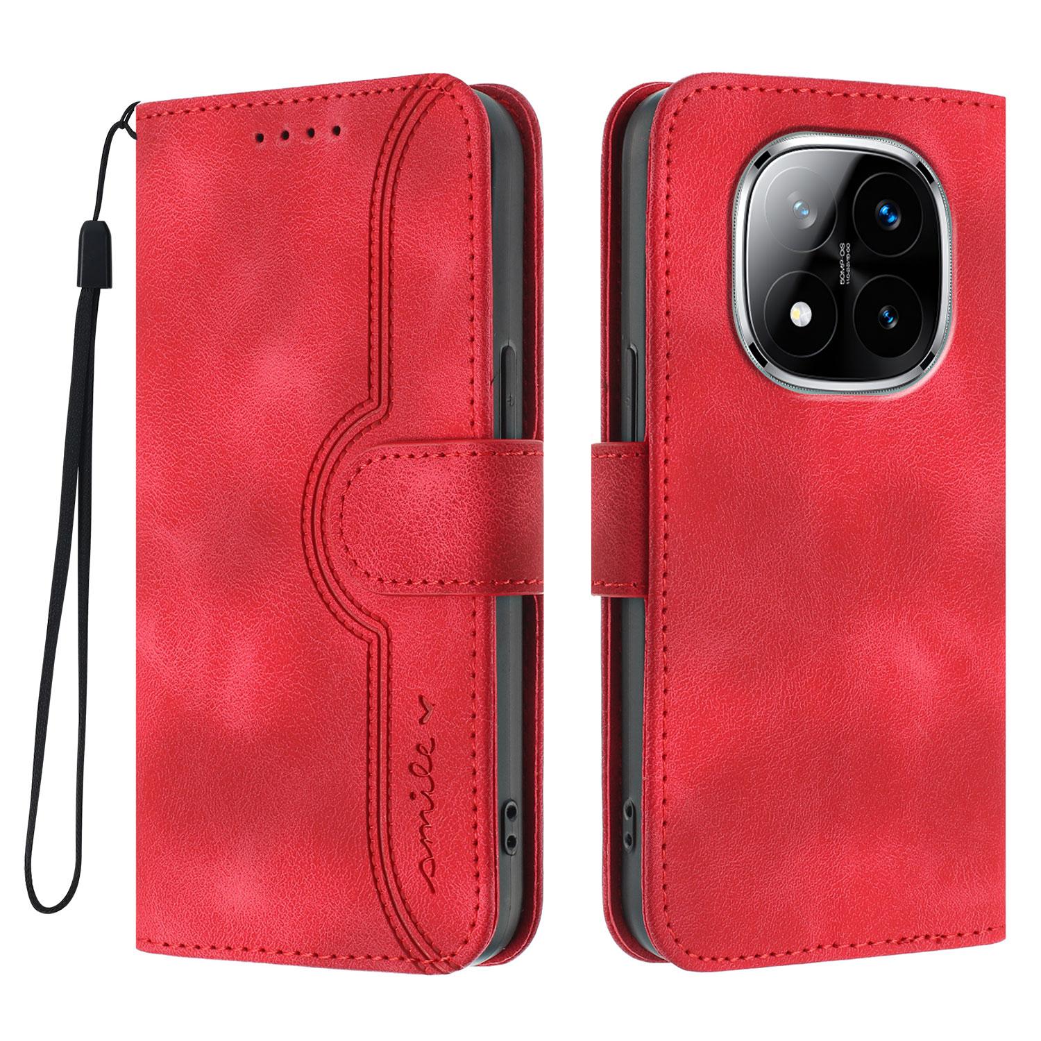 

For Xiaomi Redmi Note 14 Pro+ 5G/Xiaomi Redmi Note 14 Pro 5G Leather Case Wallet Stand Smile Imprinted Phone Cover with Strap Red