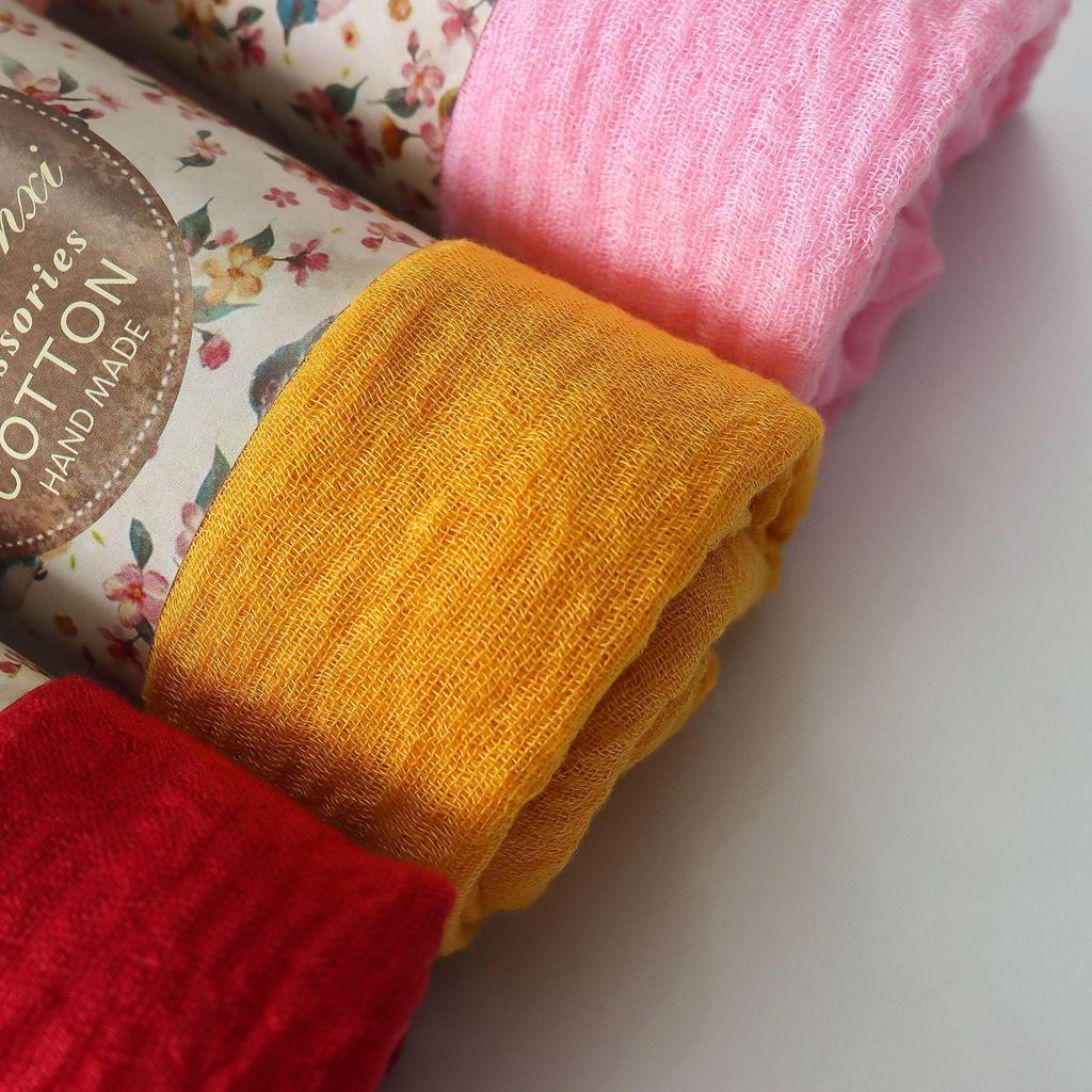 Crinkled Cotton-Linen Blend Scarf with Fringe - Solid Color, 90x180cm, Women's Headscarf