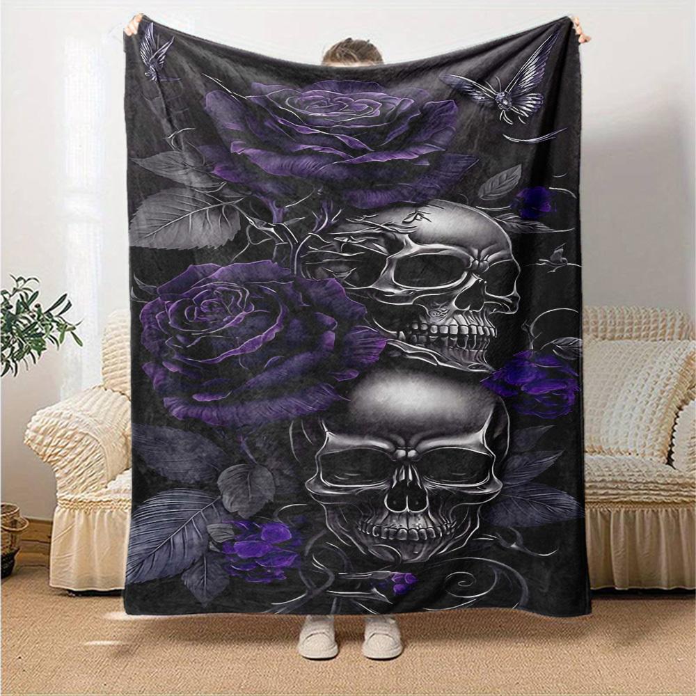 1pc Skull Purple_rose Soft Warm Throw Blanket Nap Blanket For Couch Sofa Office Bed Camping Travel,Comfortable