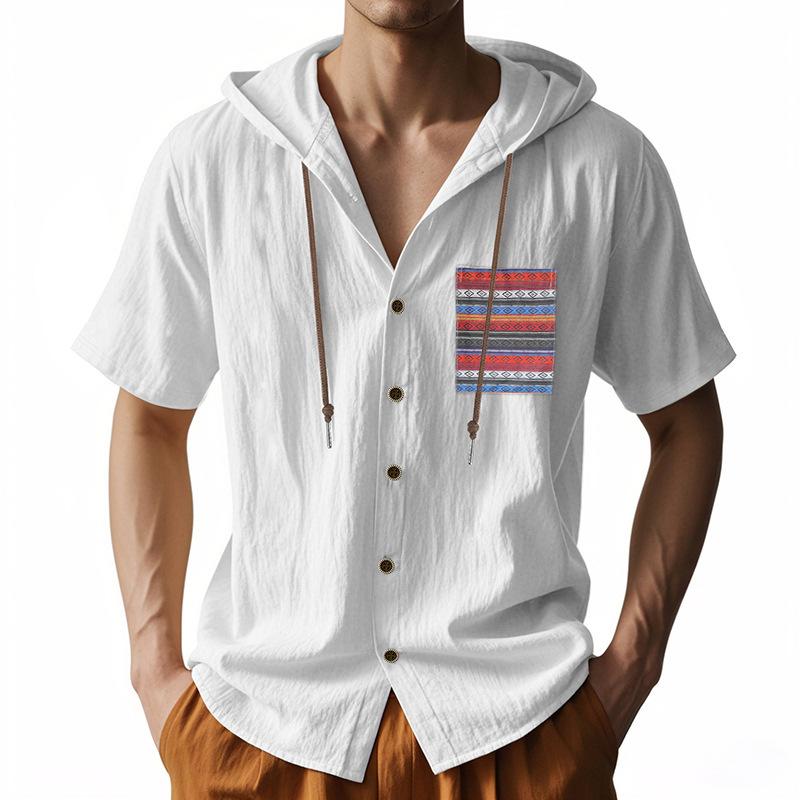 Summer Men's Lightweight Pocketed Breathable Linen Loose-Fit Hooded Cardigan Short-Sleeved Shirt