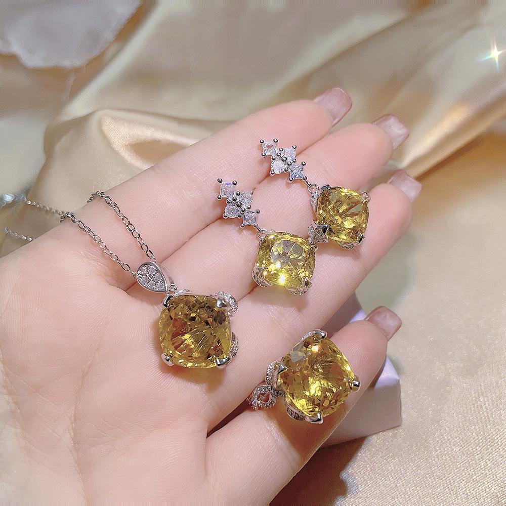 Fat Square 15 Set Yellow Diamond Kratopa Stone Pendant Violet Stud Earrings Aquamarine Fanta Color Treasure Ring