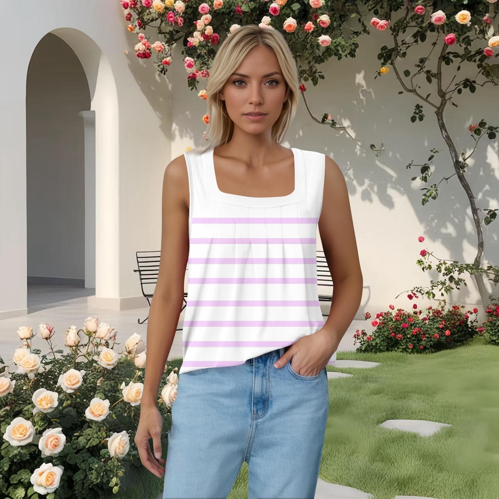 

Женская плиссированная футболка без рукавов с квадратным воротником и принтом XXXL розовый