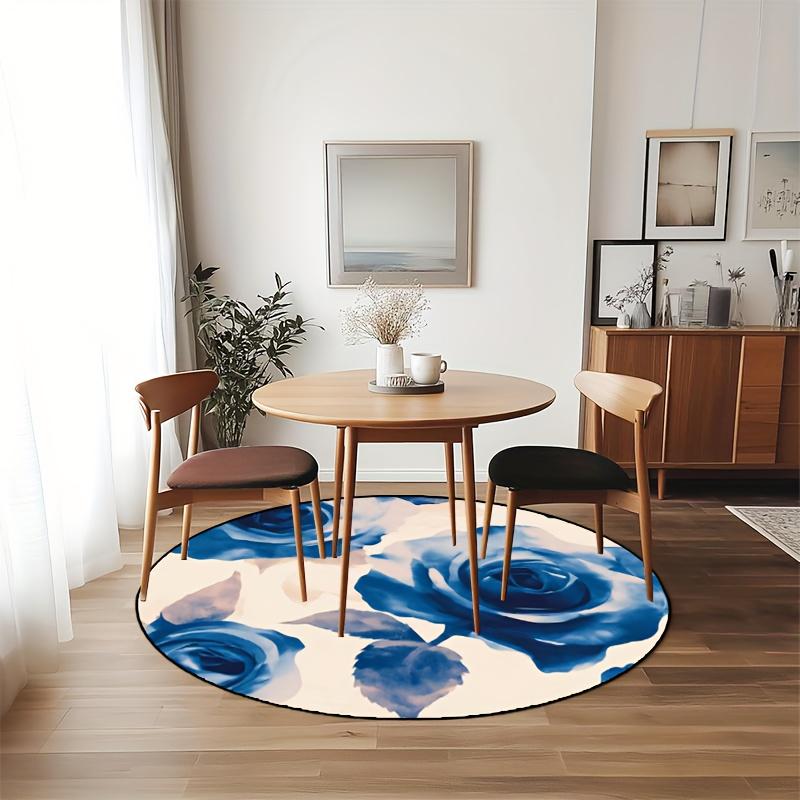 Luxury  Blue Rose Pattern Round Shape Floor Mats Kitchen Hallway Runner Rug Bedroom Living Room Soft Carpet Non-slip Area Rug