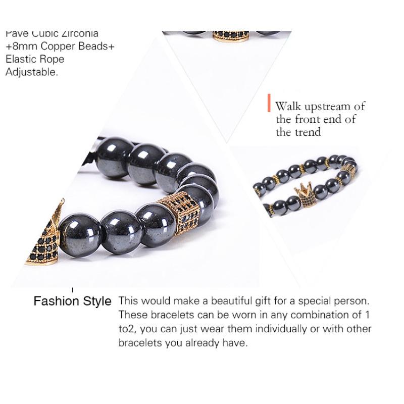 European and American Jewelry, Magnetic Black Magnet Crown Bracelet, Copper Micro Inlaid Zircon, Natural Stone Bracelet, Woven, Adjustable