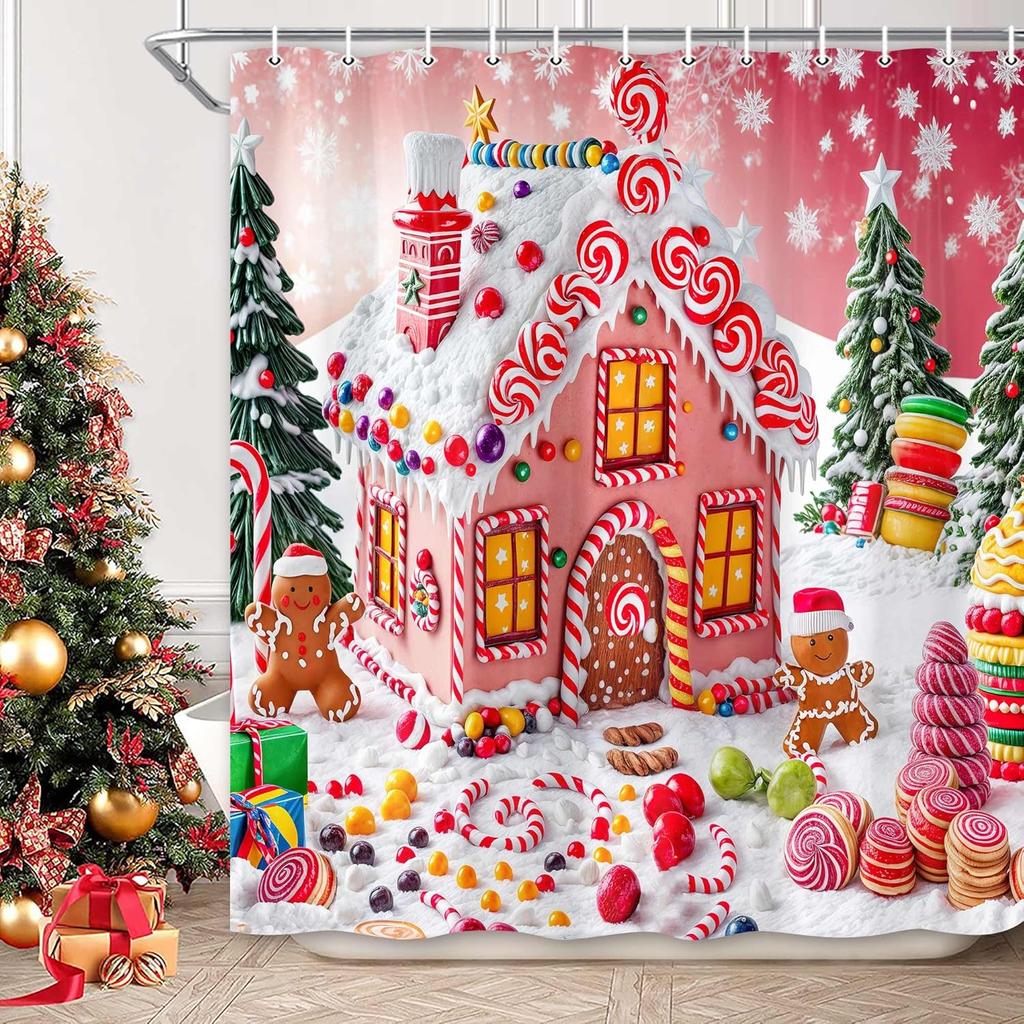 Highland Cow Christmas Shower Curtain, Funny Cute Animals Rustic Wooden Flower Board Winter Farmhouse Snow Bathroom Curtains