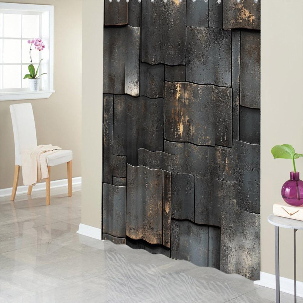 

1pc Modern Metallic Wall Shower Curtain - Abstract Grid of Rusted Panels in Dark Gray and Black, 12 Hooks, 179.83x179.83 cm, W 120x180cm