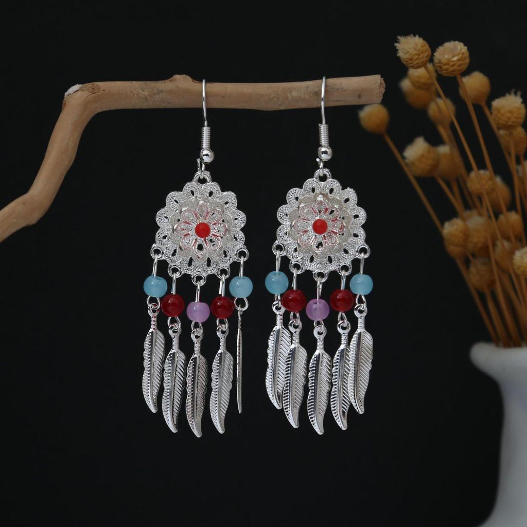 Personalized Bohemian Miao Silver Geometric Tassel Earrings